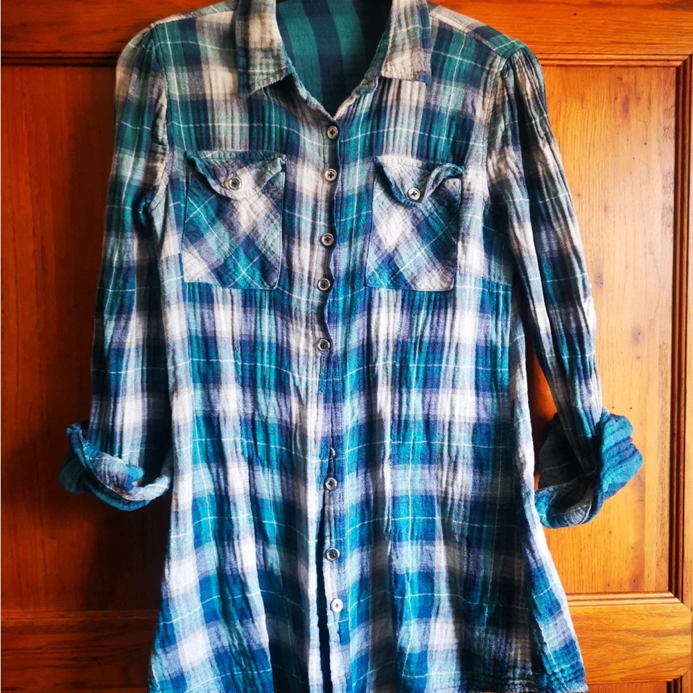 Blue and White Plaid Button-Up Shirt